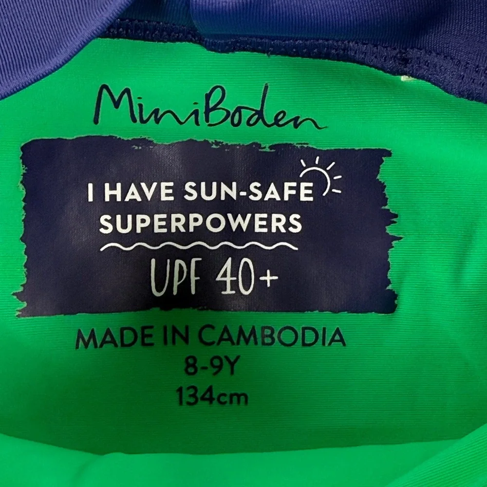 Mini Boden Kids Green Crocodile Rash Guard Long‎ Sleeve UPF 40+ Swim Shirt 8-9Y